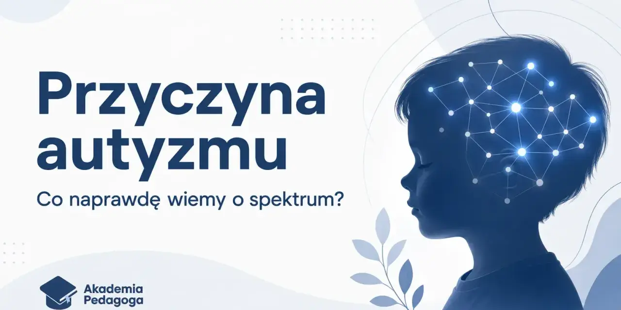 Profil dziecka z siecią neuronową w głowie. Tekst: "Przyczyna autyzmu. Co naprawdę wiemy o spektrum?". Akademia Pedagoga.