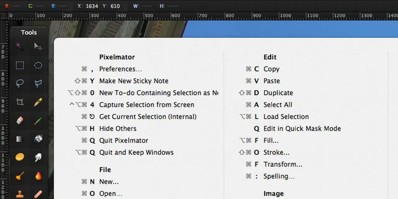 Zrzut ekranu z menu Pixelmator. Widoczne opcje takie jak "Edit", "File", "Image" oraz narzędzia po lewej stronie.