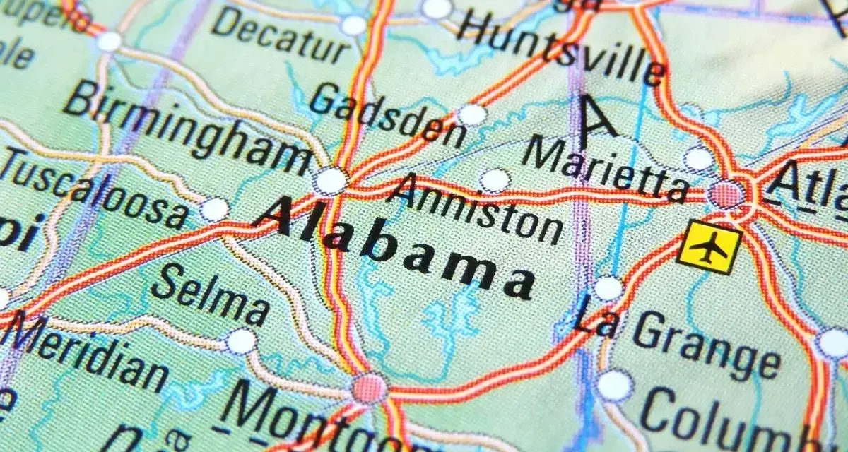 Map of Alabama showing cities like Birmingham and Montgomery. Planning a drone flight? Check Alabama drone laws before takeoff.