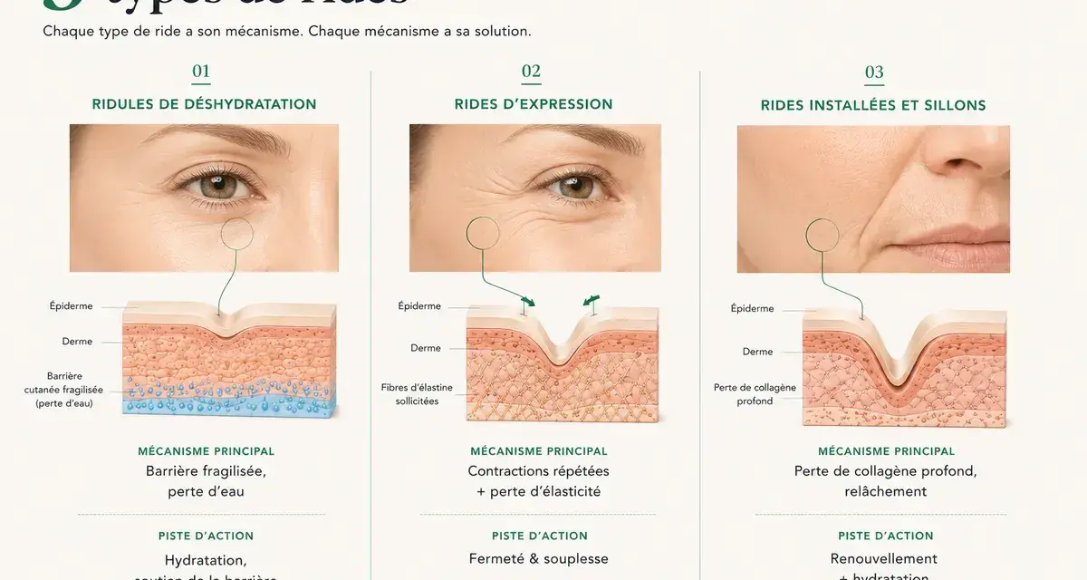 Infographie expliquant 3 types de rides : déshydratation, expression, installées. Solutions anti ride naturel pour chaque cause.