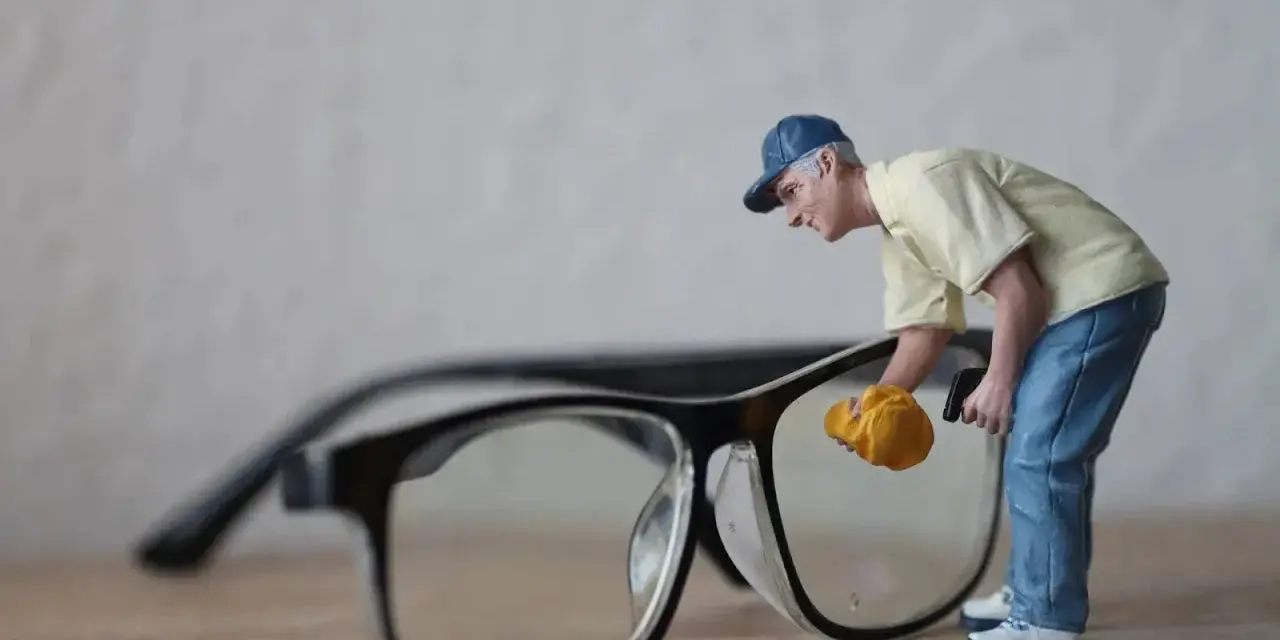 En liten figur, en glasögonrengörare, putsar noggrant ett par glasögon med en gul trasa.