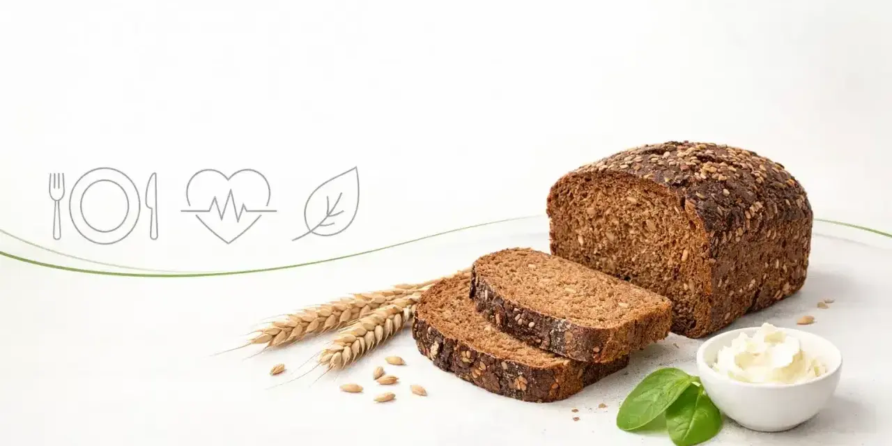 Chleb razowy z ziarnami, obok kłosów i masła. Zastanawiasz się, ile kcal ma chleb razowy? To zdrowy wybór!