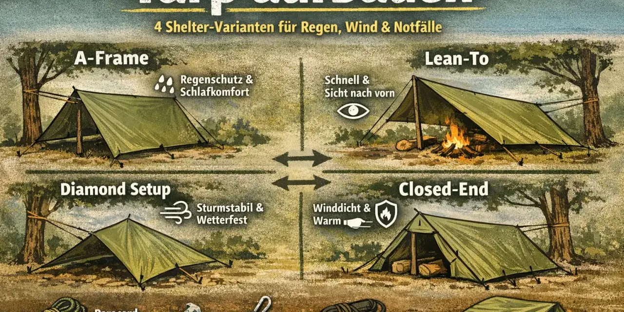 Tarp aufbauvarianten: A-Frame, Lean-To, Diamond Setup, Closed-End. Zeigt vier verschiedene Schutzunterkünfte für Outdoor-Abenteuer.