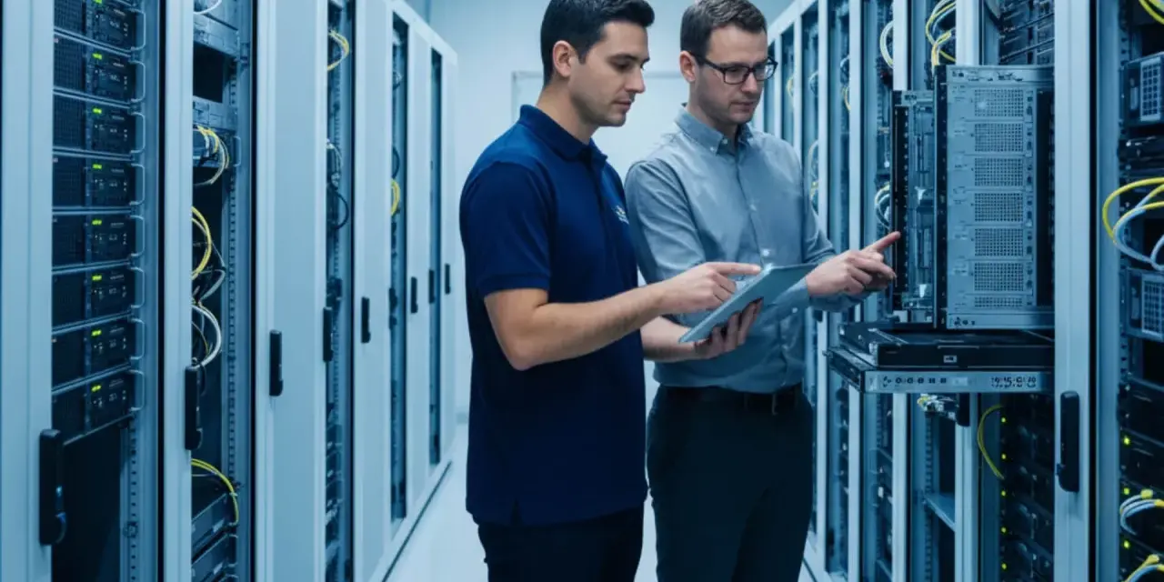 Two IT professionals review network infrastructure technologies on a tablet amidst rows of servers in a data center.