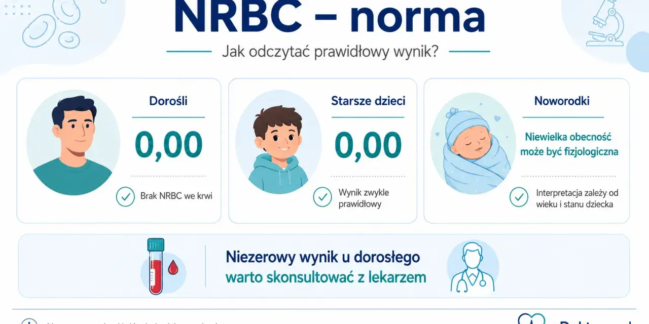 Normy NRBC dla dorosłych i starszych dzieci to 0,00. U noworodków niewielka obecność NRBC może być fizjologiczna.