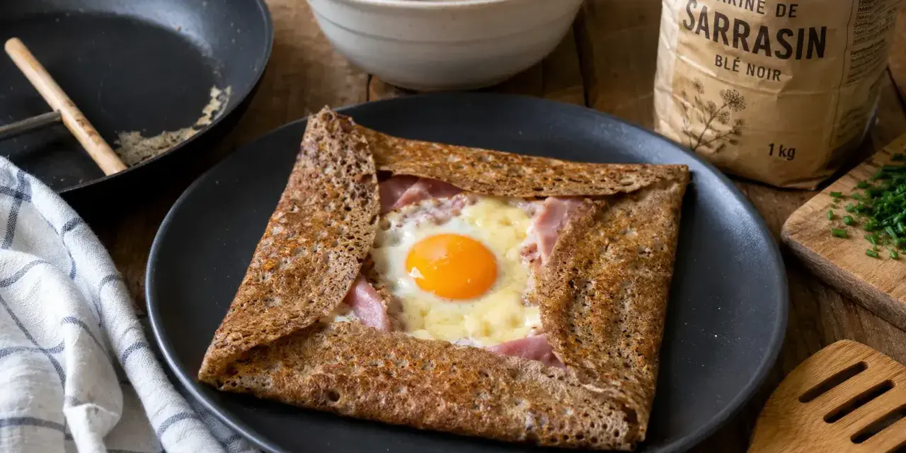 Une galette de sarrasin de grand-mère marmiton, garnie de jambon, fromage et œuf au plat. Un délice simple et réconfortant.