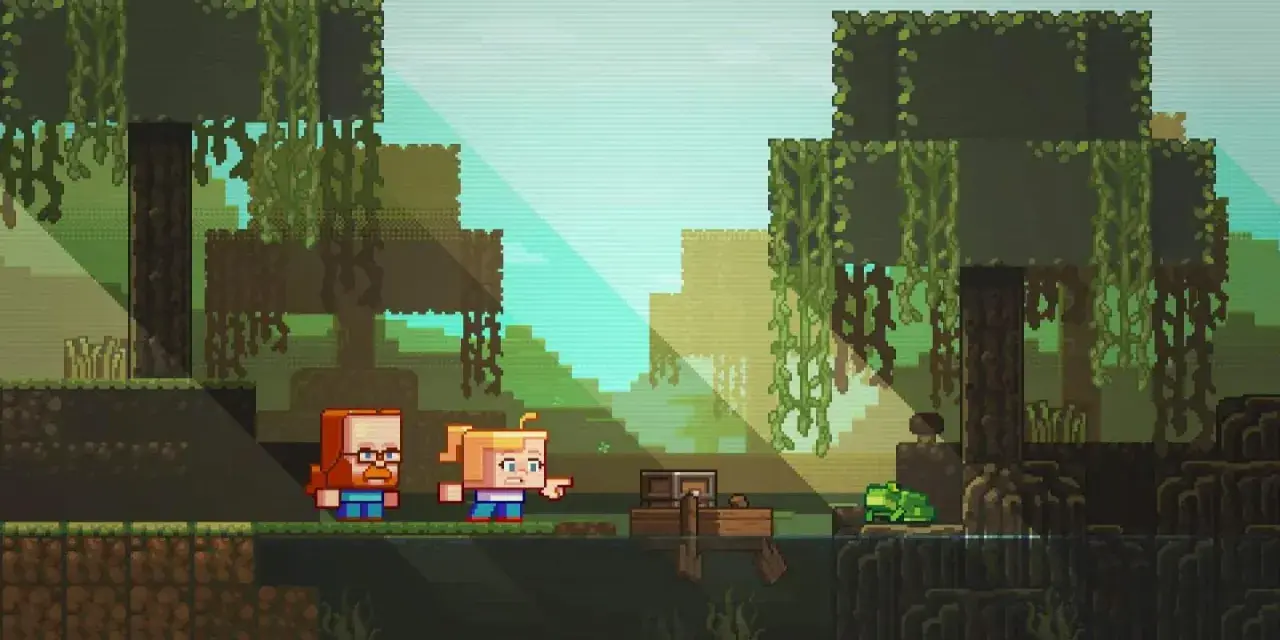 Dos personajes de Minecraft exploran un manglar, con un cofre flotando y una rana cerca.