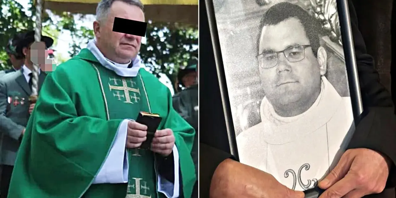 Wikary w zielonej szacie trzyma książkę, obok zdjęcie innego księdza.