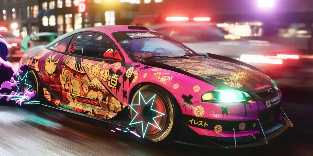Różowy sportowy samochód z anime grafiką i neonowymi felgami, gotowy na nocne wyścigi, kiedy nowy Need for Speed.