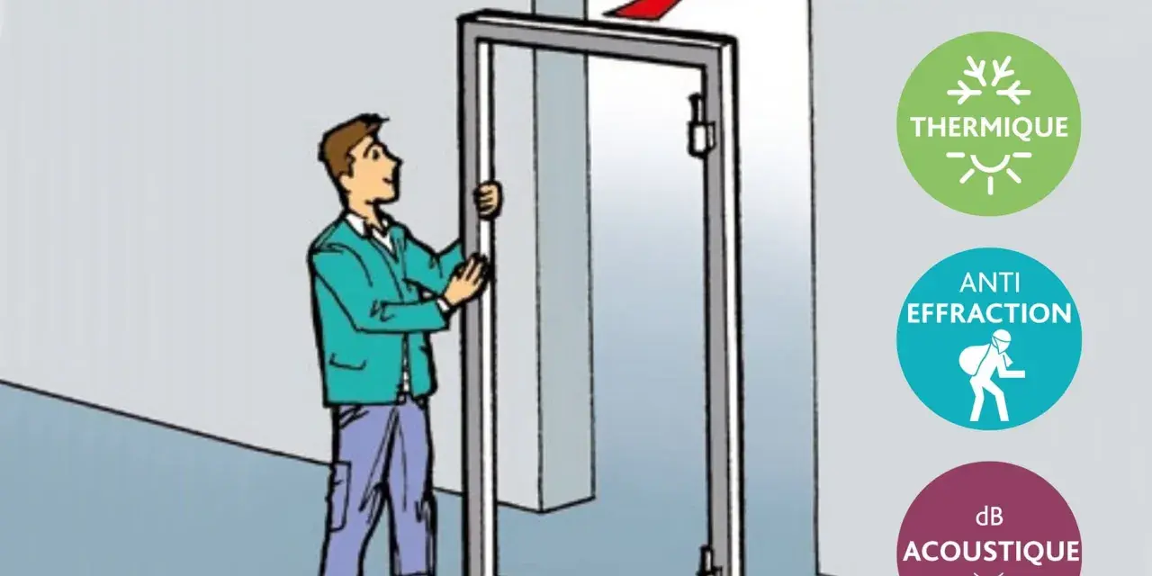 Un homme installe une porte. Le montage ressort ferme-porte assure isolation thermique, anti-effraction et acoustique.