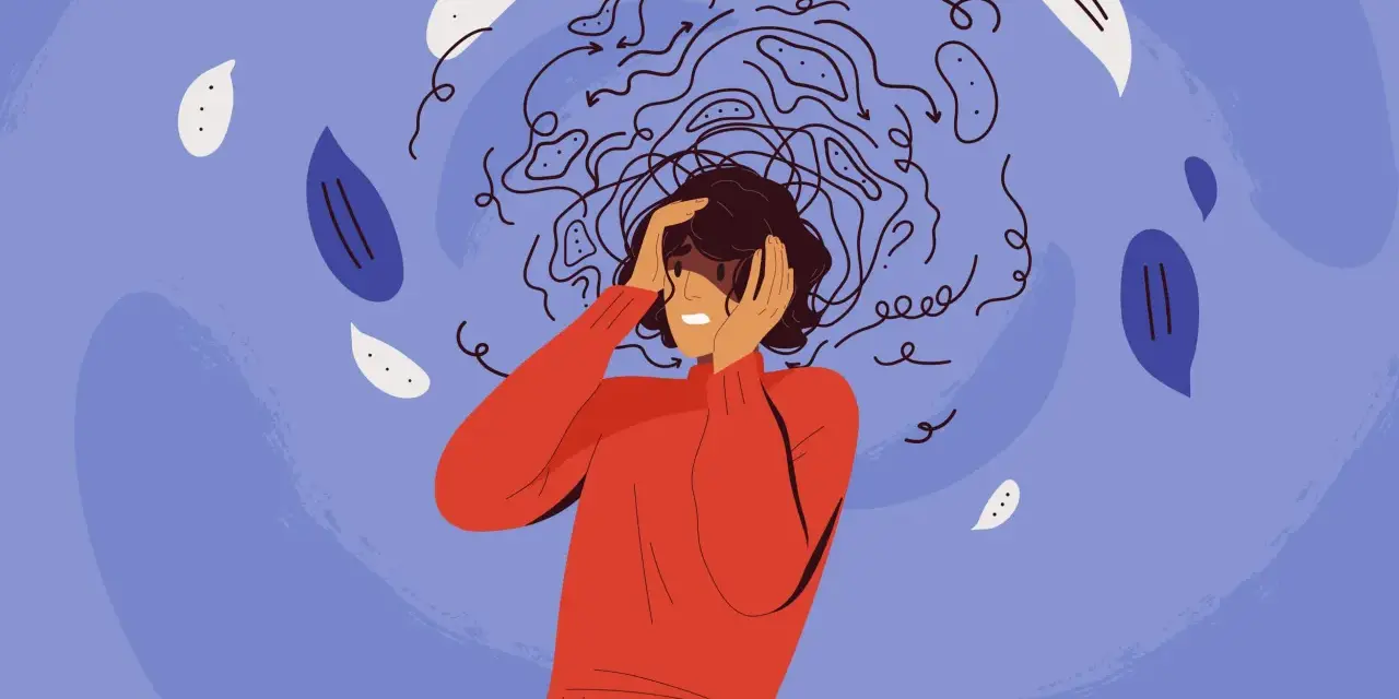 Una persona con le mani tra i capelli, circondata da pensieri caotici, simboleggia l'insoddisfazione lavorativa e la depressione.
