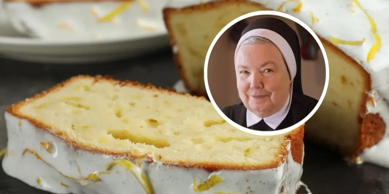 Pyszna babka cytrynowa siostry Anastazji, udekorowana lukrem i skórką cytrynową, z jej uśmiechniętym portretem w tle.