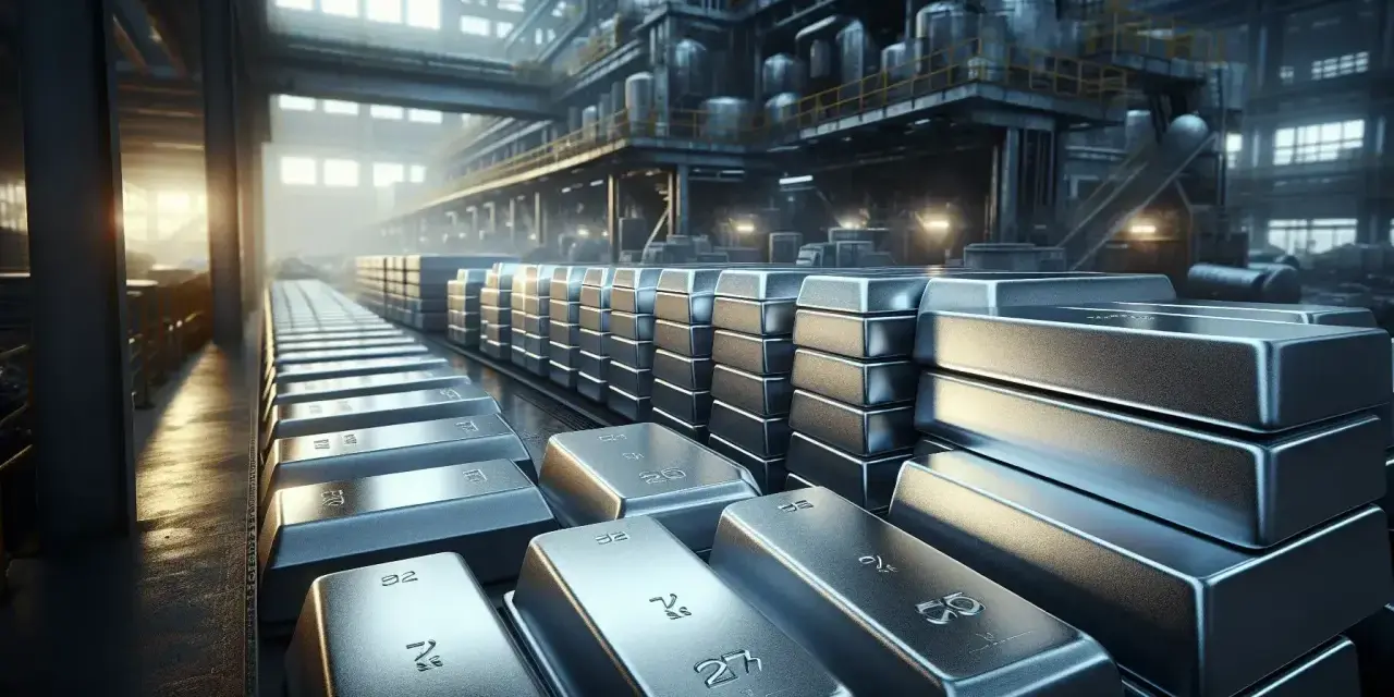 Lingotti lucidi, esempi di leghe metalliche, impilati in una fonderia industriale illuminata dalla luce del sole.