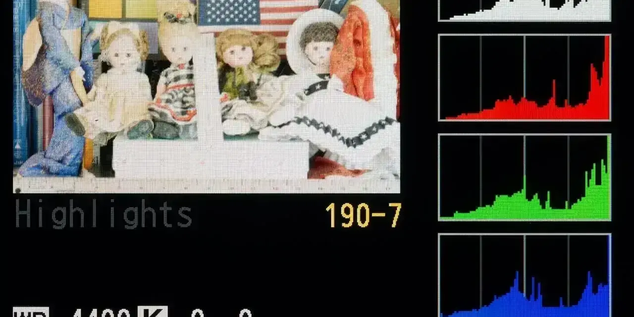 Histogram co to? Wykresy RGB pokazują rozkład jasności na zdjęciu z lalkami i flagą USA.