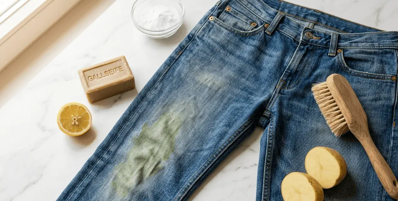 Blaue Jeans mit Grasflecken, Gallseife, Zitrone, Natron und Bürste zum Grasflecken entfernen.