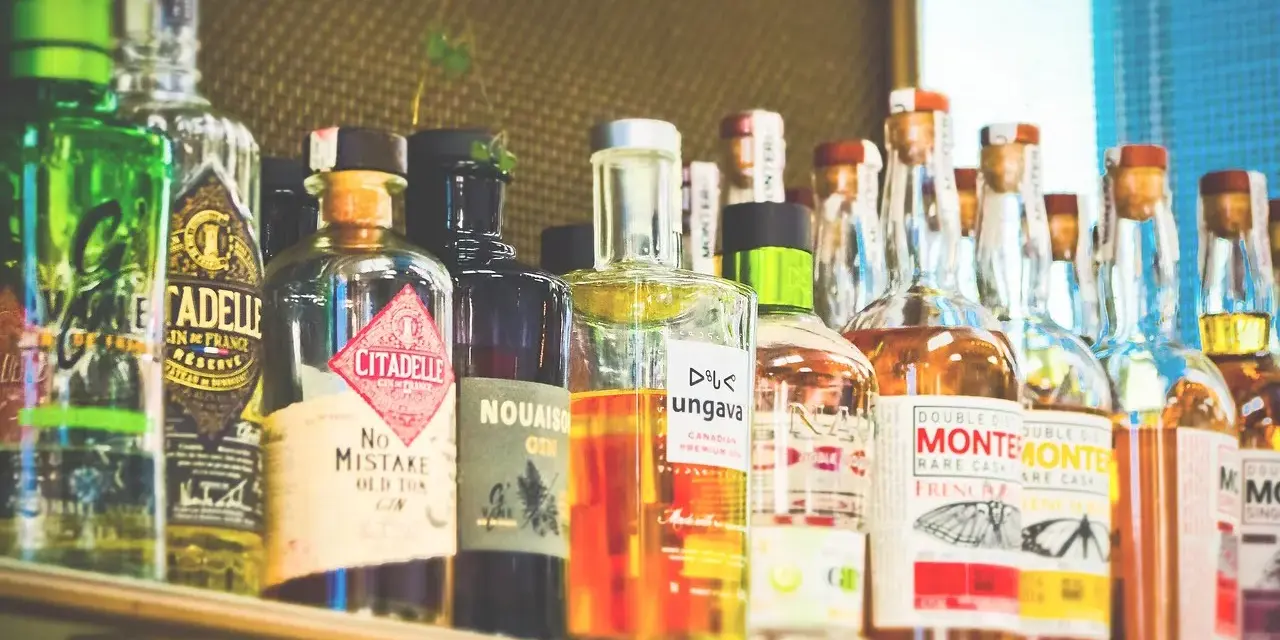 Rząd butelek z alkoholem, w tym gin i inne trunki, gotowe do serwowania. Wśród nich widać butelkę z etykietą "No Mistake Old Tom Gin", a także inne, które mogą zawierać ajerkoniak.