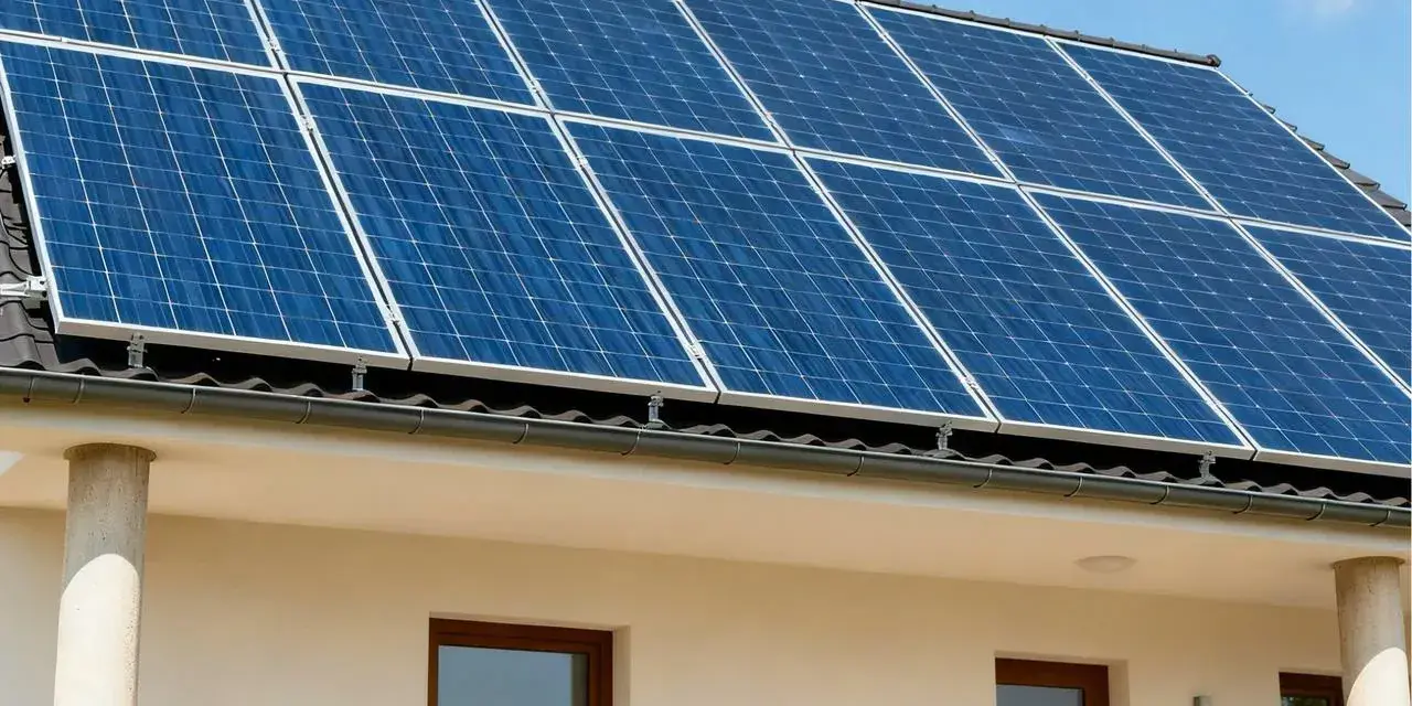 Panele fotowoltaiczne na dachu domu, zapewniające czystą energię. To przyszłość, czyli fotowoltaika hybrydowa.