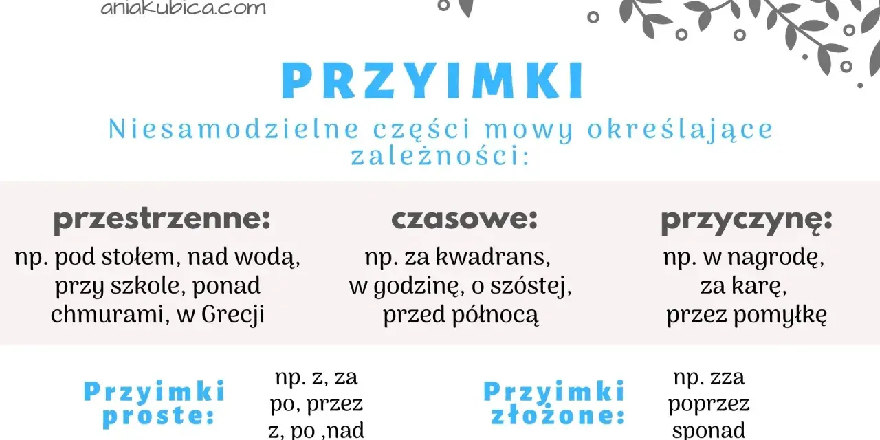 Grafika wyjaśnia, czym jest **przyimek**. Pokazuje przykłady przyimków przestrzennych, czasowych i przyczynowych, a także proste i złożone.