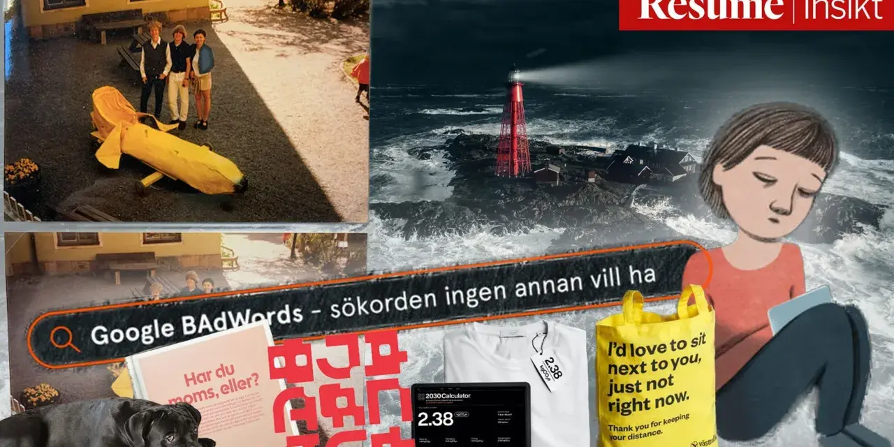 En person sitter uttråkad på jobbet, omgiven av bilder på en bananbil, ett fyrhus i storm, en hund och en text om att hålla avstånd.