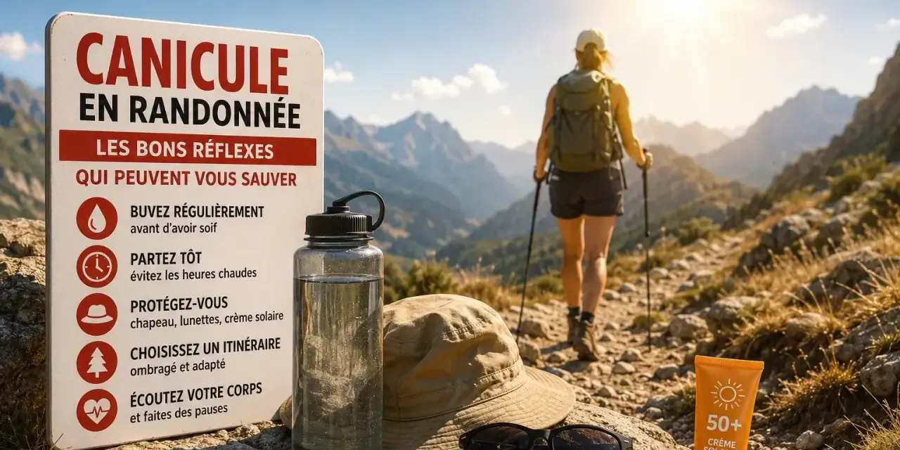 Panneau "Canicule en randonnée" avec conseils. Une randonneuse marche sous le soleil. Évitez l'insolation nauséeuse, buvez, partez tôt, protégez-vous.