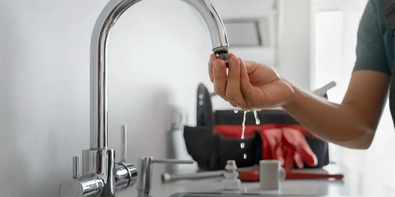 Dłoń trzymająca wyczyszczony aerator kranu, z którego kapie woda.