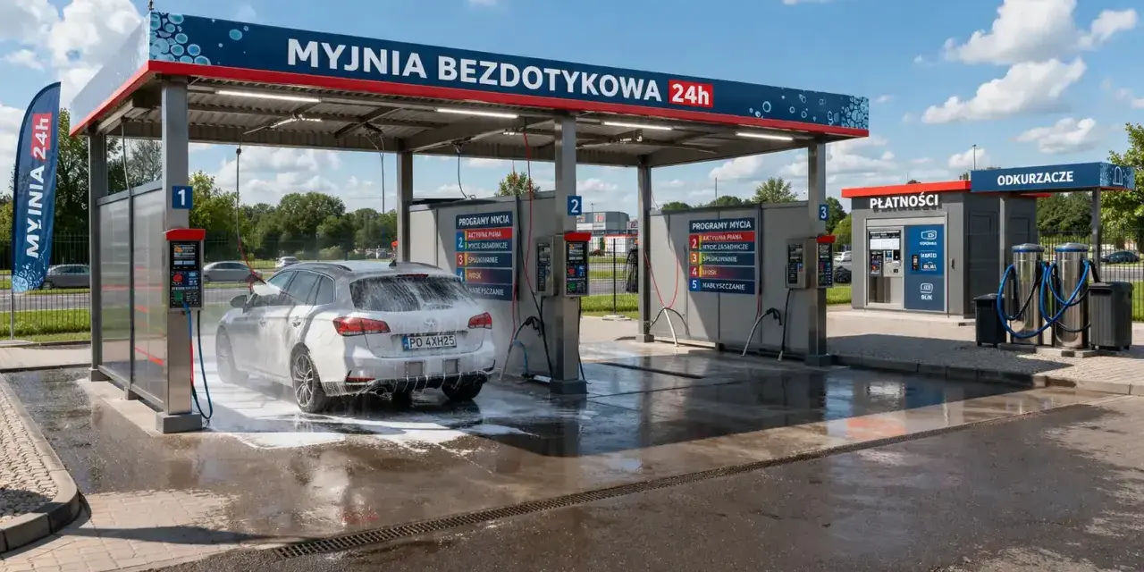 Nowoczesna myjnia bezdotykowa 24h, gdzie auto jest myte pianą. Zastanawiasz się, ile kosztuje postawienie myjni samochodowej? To miejsce daje odpowiedź.