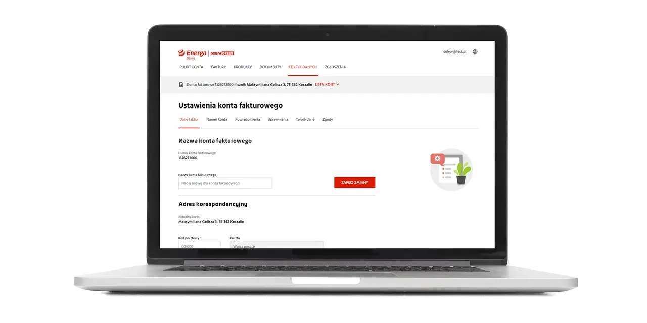 Laptop z otwartym interfejsem ustawień konta fakturowego Energa, widoczne pola do edycji nazwy i adresu.