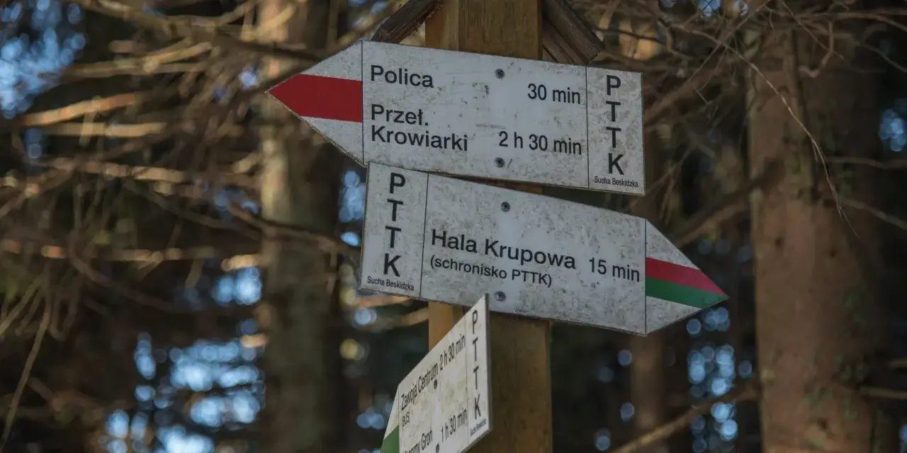 Znaki szlaków PTTK wskazują drogę do Hali Krupowej (15 min) i Przełęczy Krowiarki (2h 30 min).