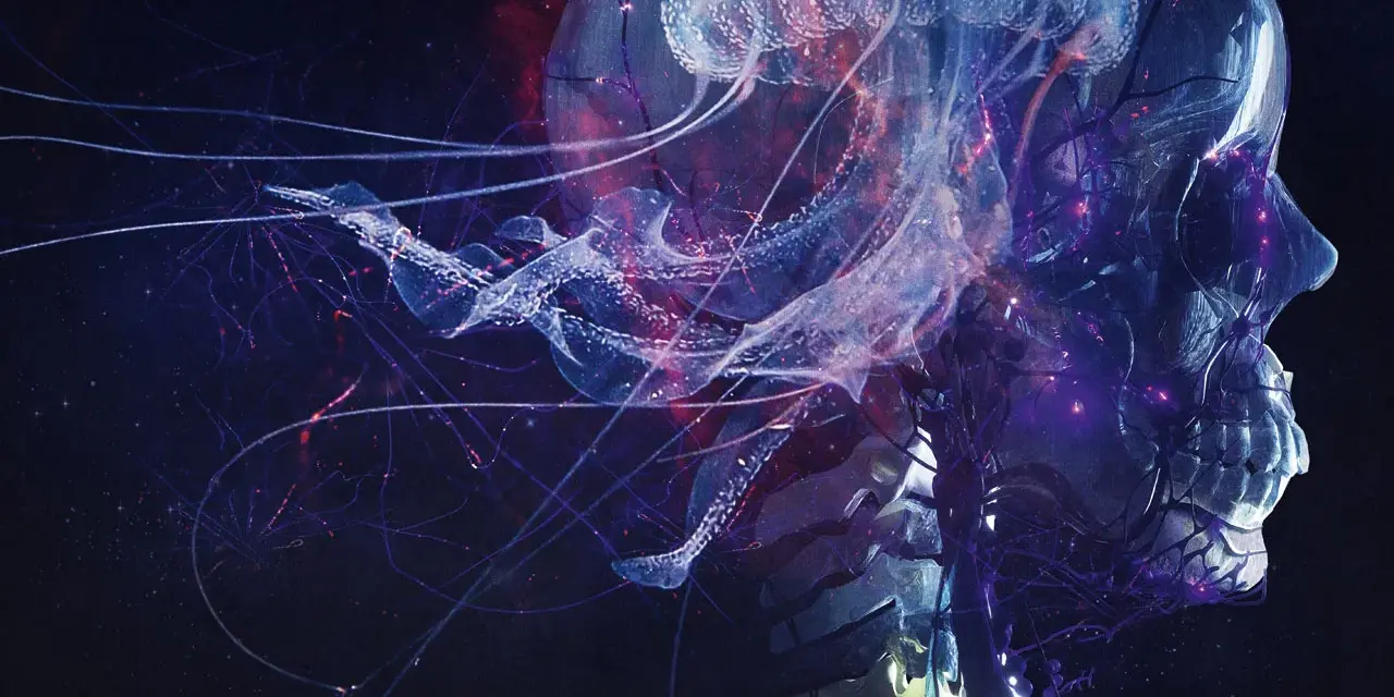 Une méduse lumineuse et des filaments bleus s'entremêlent autour d'un crâne translucide, évoquant le "blut aus nord" dans un univers cosmique.