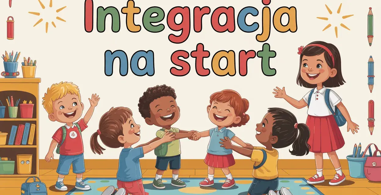 Radosne dzieci klas 1-3 bawią się w kółeczku, tworząc wspaniałe zabawy integracyjne na start.