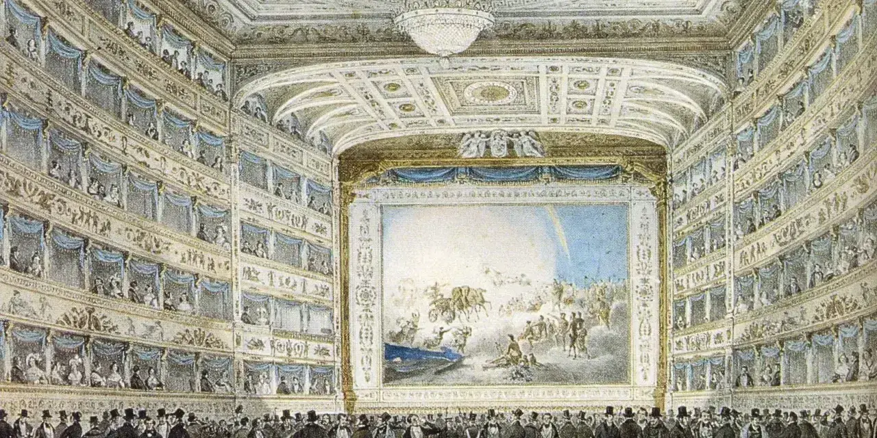 Widownia teatru, gdzie zapewne wystawiane są opery Verdiego. Tytuły dzieł kompozytora mogłyby pasować do tej scenografii.
