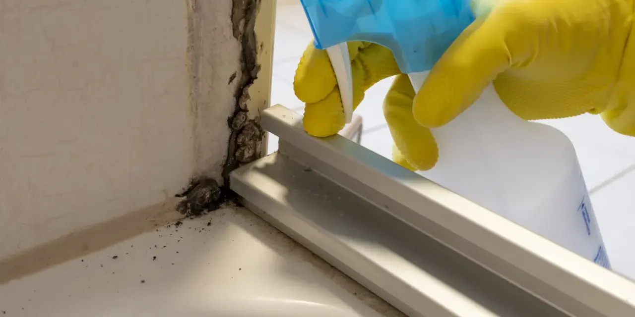 Yellow-gloved hand sprays cleaning solution onto black mold in a bathroom corner.