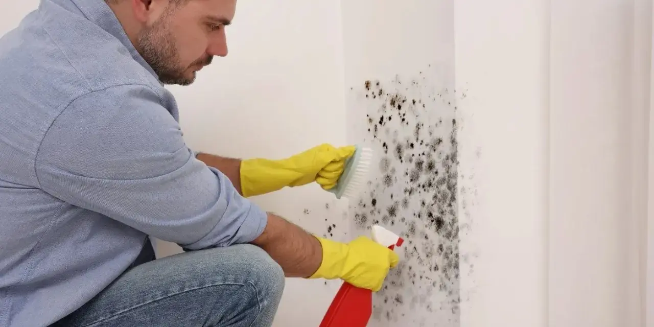 Un homme en gants jaunes utilise un spray et une brosse pour nettoyer la moisissure sur un mur. Il utilise du bicarbonate pour nettoyer le mur.