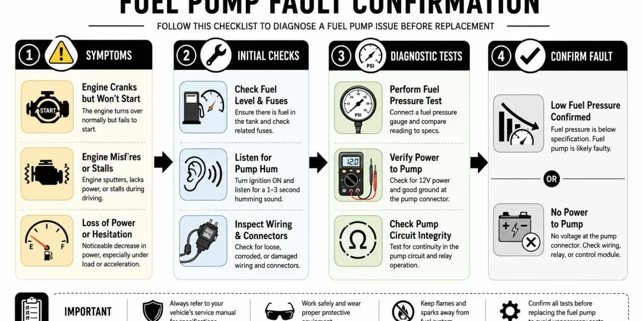Checklist zur Diagnose eines Kraftstoffpumpenproblems. Prüfe Symptome, Kraftstoffstand, Sicherungen, Geräusche, Verkabelung, Druck und Strom, bevor du die Kraftstoffpumpe wechseln lässt.