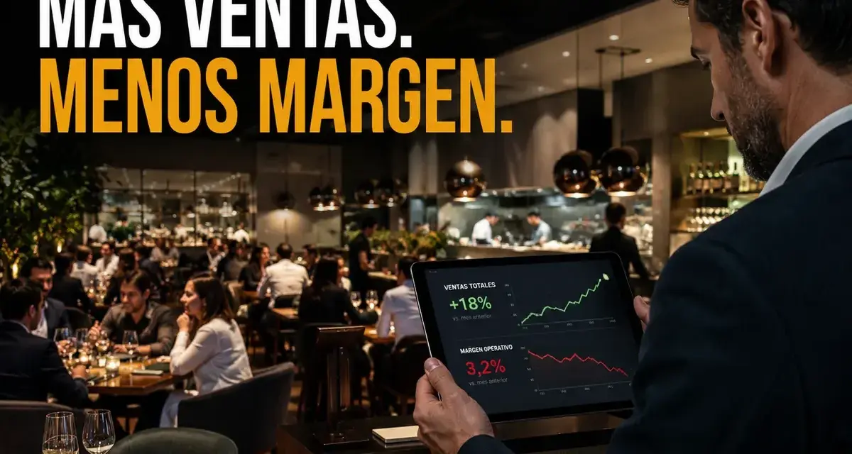 Hombre revisa tablet con gráficos de ventas y margen operativo en un restaurante lleno, buscando mejorar la rentabilidad del restaurante.
