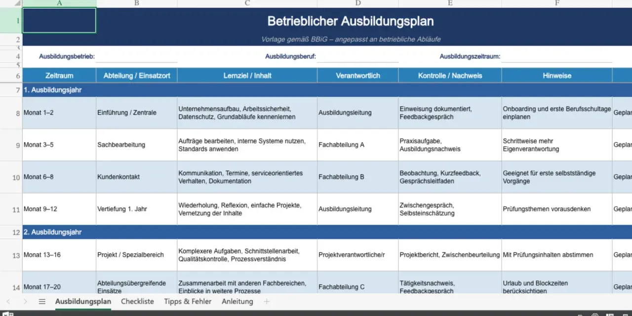 Betrieblicher Ausbildungsplan mit der **Berufsausbildung Bezeichnung** für das erste und zweite Lehrjahr, inklusive Zeiträumen, Lernzielen und Verantwortlichkeiten.