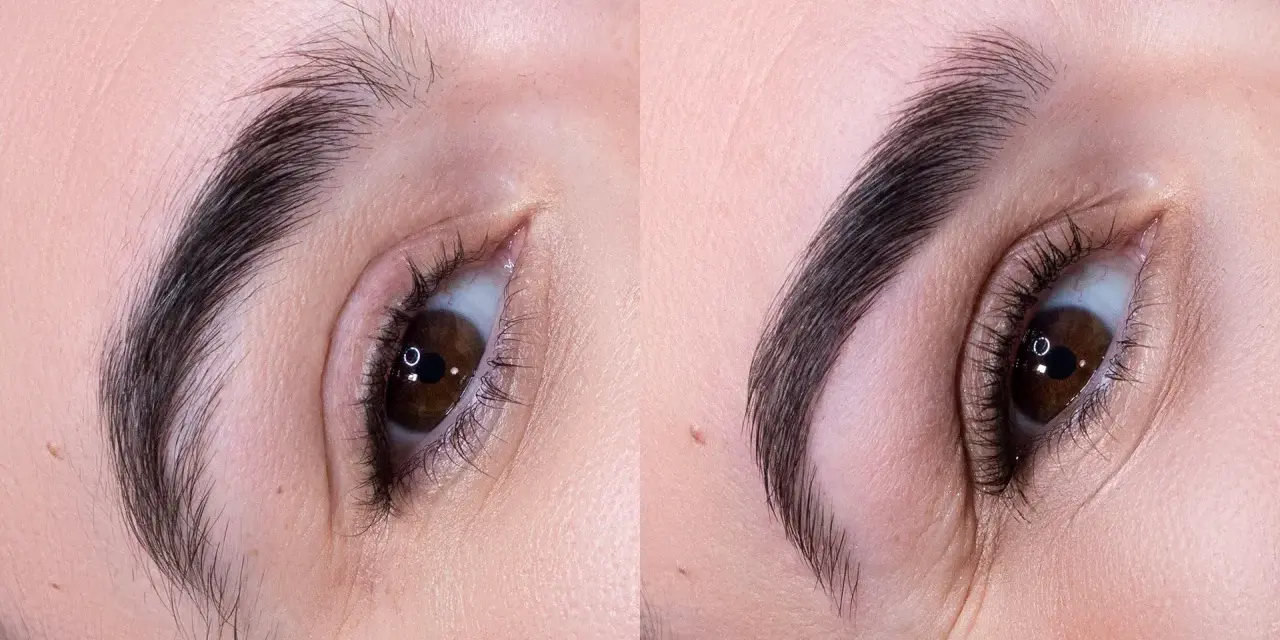 Avant/après : un regard transformé grâce à un maquillage sourcil parfait. Des sourcils plus définis et structurés pour un effet spectaculaire.