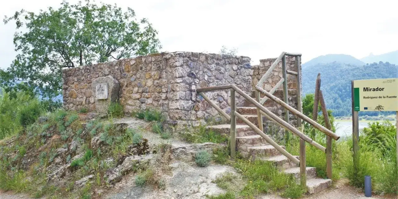 Mirador en la ruta Félix Rodríguez de la Fuente. Escaleras de piedra y madera suben a un muro de piedra.