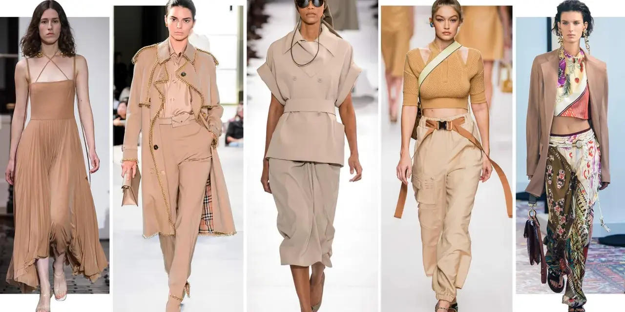 Modelos lucen atuendos en tonos beige, mostrando cómo combinar camisa beige mujer con faldas, pantalones cargo y trajes elegantes.