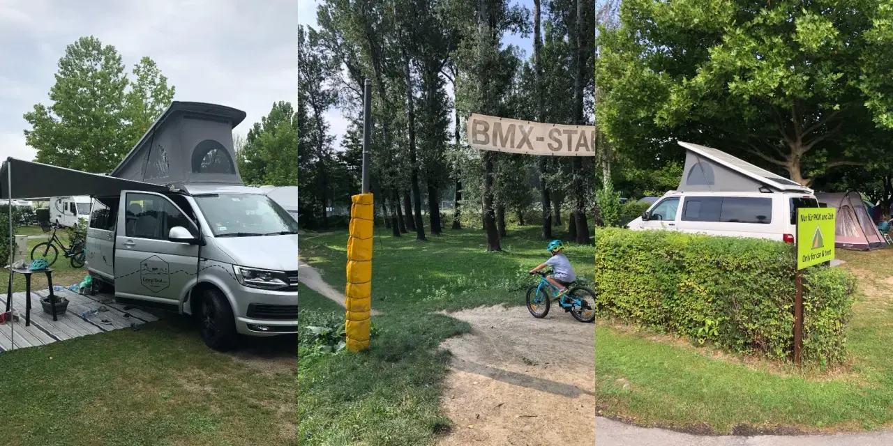 Kamper i rowerowy tor BMX na kempingu w Wiedniu. Dziecko na rowerze, baner "BMX-STAR".