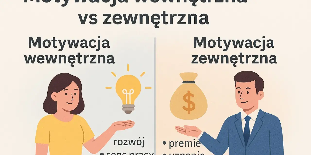 Ilustracja porównuje motywację wewnętrzną (kobieta, żarówka, rozwój, sens pracy, autonomia) z zewnętrzną (mężczyzna, worek pieniędzy, premie, uznanie, awanse). Przykłady jak motywować pracowników.