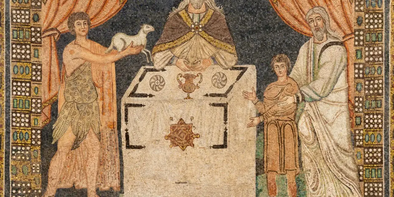 Melchizedek, król Salemu, ofiaruje chleb i wino. Obok niego młody człowiek z barankiem, a po drugiej stronie starszy mężczyzna z chłopcem.