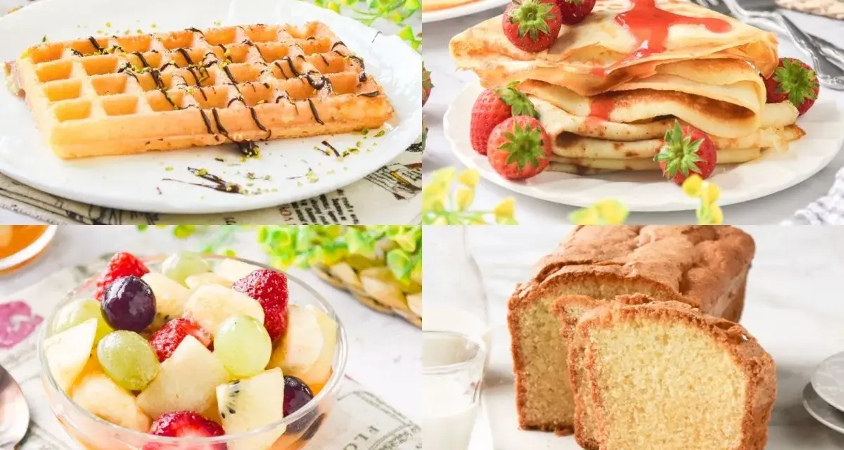 Desayuno con postres sin gluten: gofres, crepes con fresas, ensalada de frutas y bizcocho.