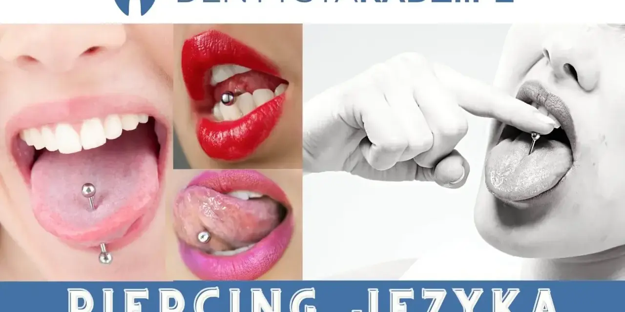 Kolczyk w języku: zbliżenia na usta i języki z widocznym kolczykiem. Informacja o bezpieczeństwie piercingu.