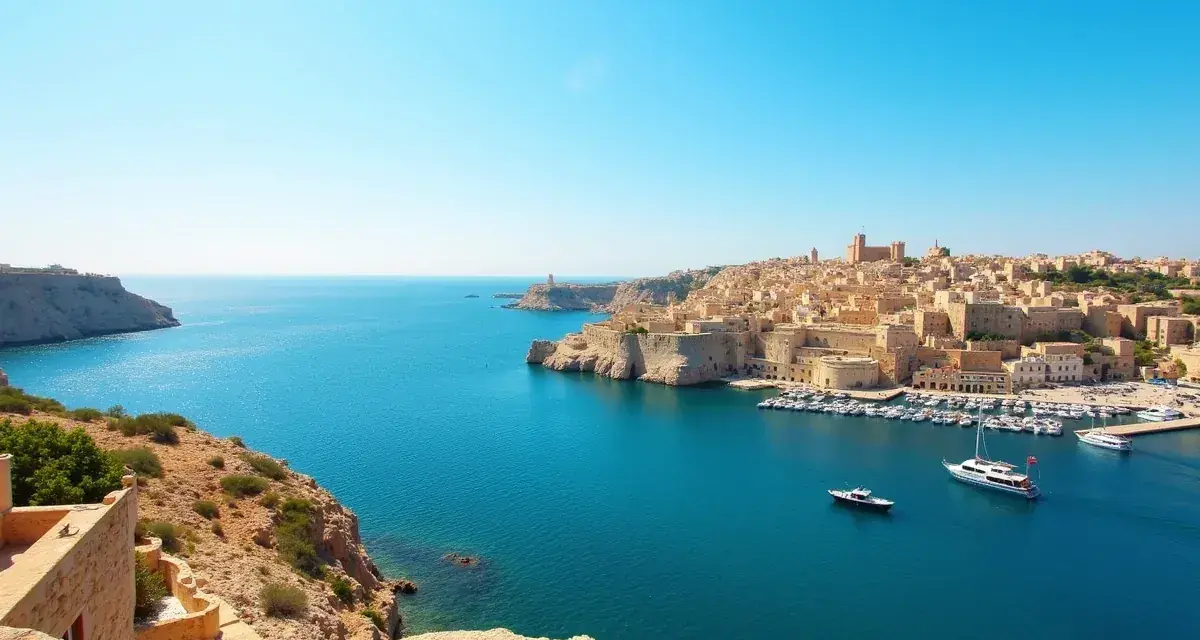 Malta w październiku: błękitne morze, skaliste wybrzeże i zabytkowe miasto z portem pełnym łodzi. Idealna pogoda na zwiedzanie.
