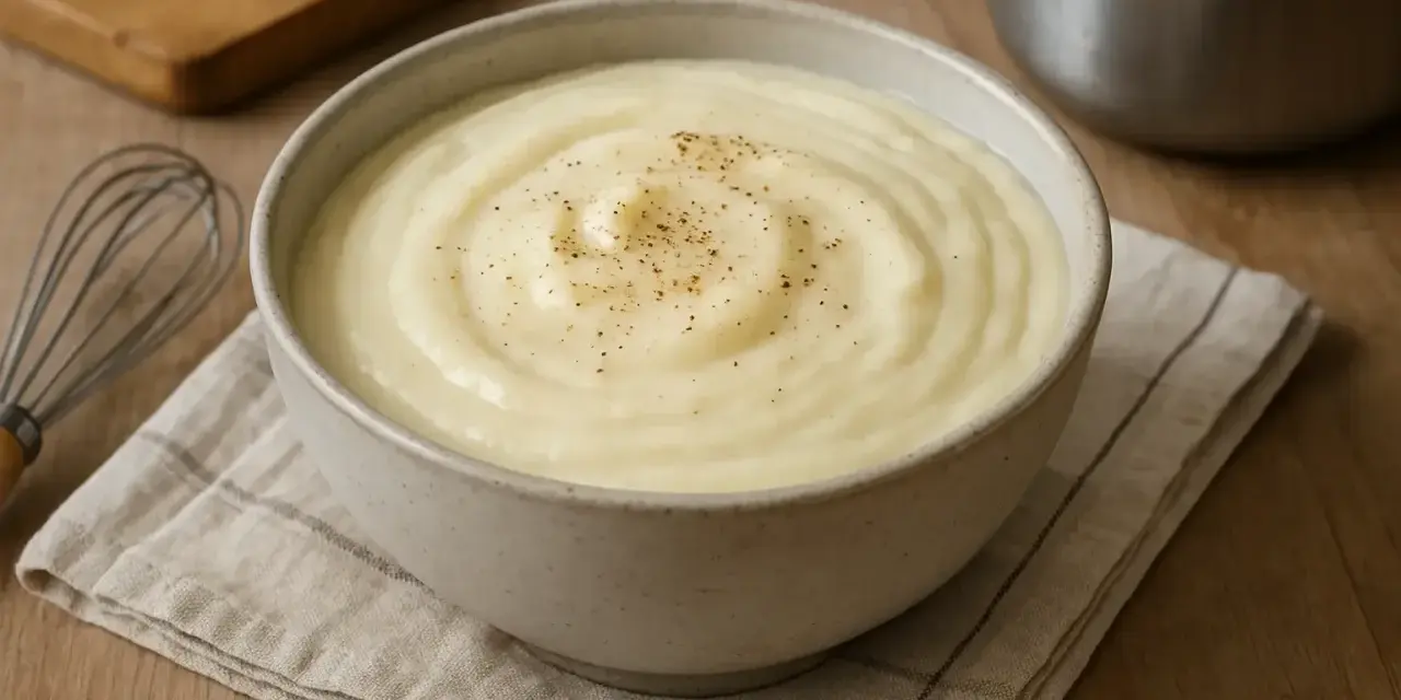 Bol de béchamel onctueuse saupoudré de poivre, avec un fouet et une planche en bois en arrière-plan.