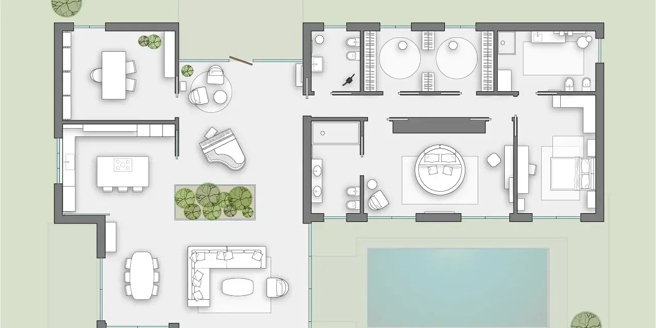 Planimetria villa su un piano con cucina, sala da pranzo, soggiorno con pianoforte, suite padronale con letto rotondo e piscina esterna.
