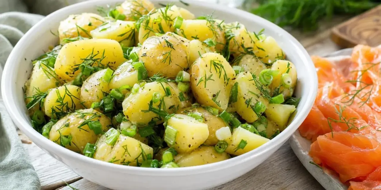 Salade de pommes de terre fraîchement préparée, garnie d'aneth et de ciboule, prête à être servie avec une sauce légère.