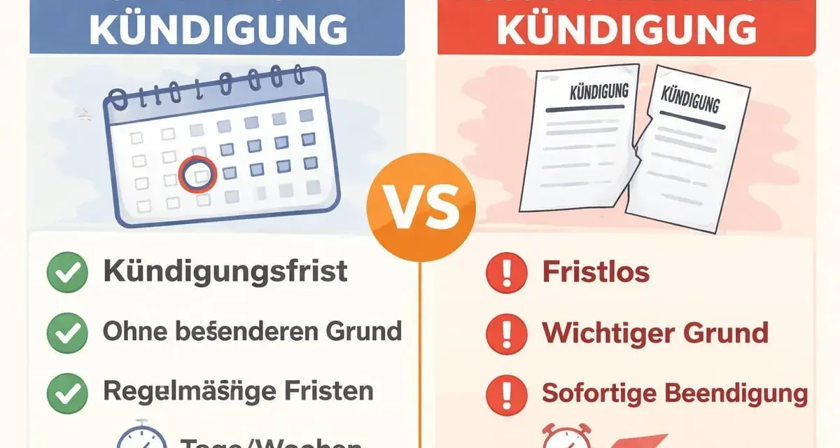 Vergleich von ordentlicher und außerordentlicher Kündigung. Die ordentliche Kündigung hat Fristen, die außerordentliche ist fristlos.