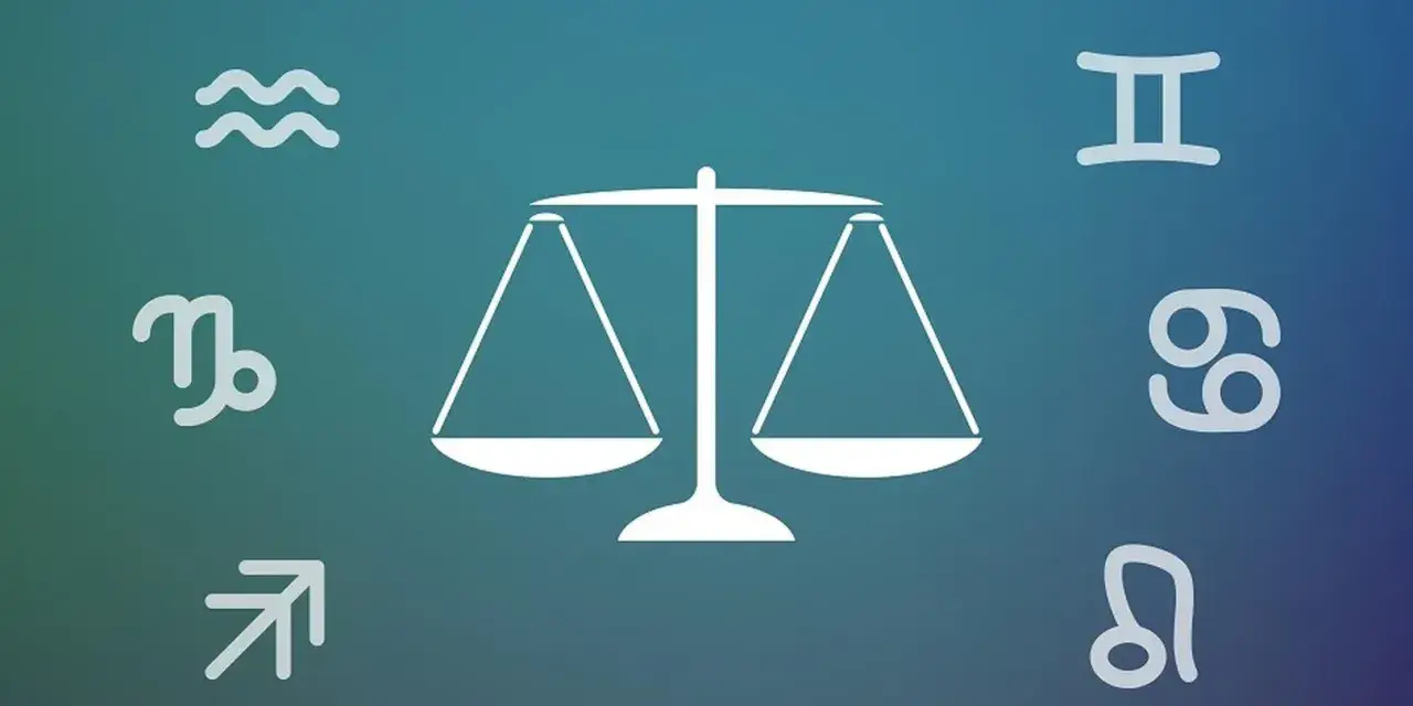 Waga, symbol 20.10 znak zodiaku, otoczona innymi symbolami astrologicznymi na tle gradientowym.